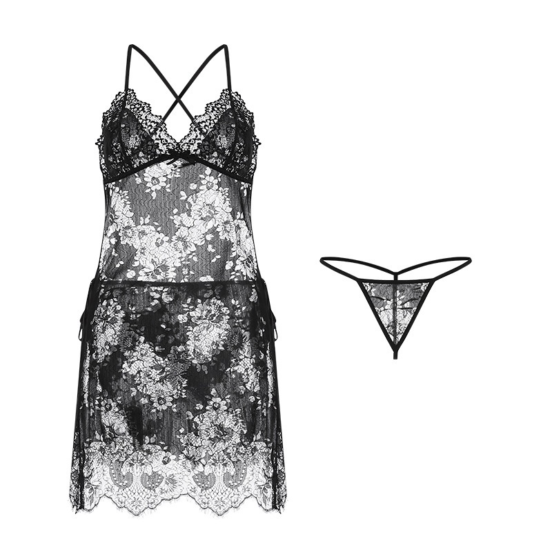 Đồ ngủ Hai Dây Phối Ren Cổ Chữ V Khoét Sâu + Quần Lót Lưng Trần Quyến Rũ Cho Nữ