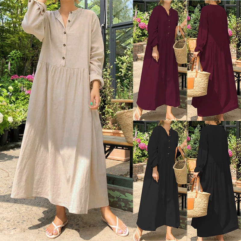 ZANZEA Váy maxi tay dài thời trang phong cách vintage dành cho nữ