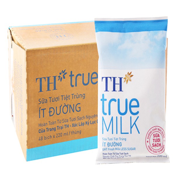 Thùng 48 Bịch Sữa tươi tiệt trùng TH true MILK Có Đường / Ít Đường / Nguyên Chất (220ml) Dễ Uống