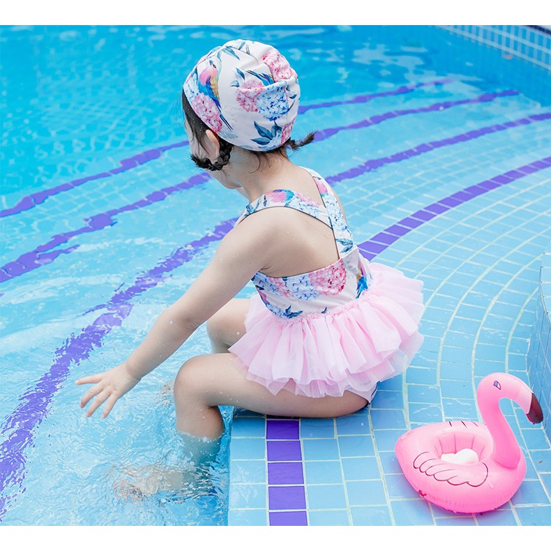Bộ bơi đồ bơi bé gái họa tiết hoa cẩm tú cầu dễ thương đồ bơi ba mảnh kèm mũ 10 - 31kg