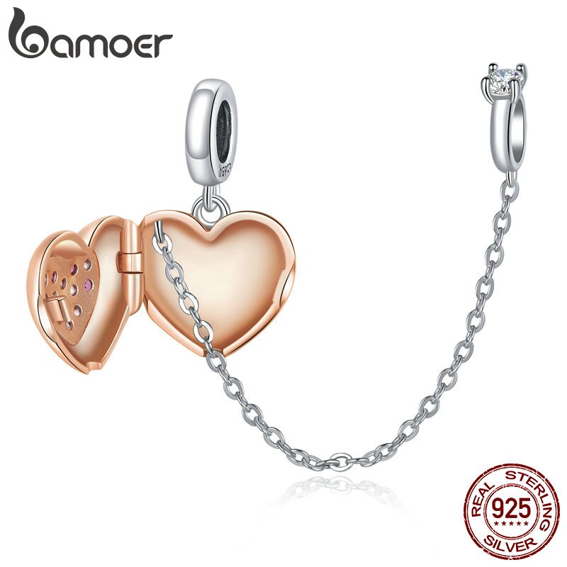 Hạt charm Bamoer bằng bạc 925 thật có chuỗi dây an toàn xinh xắn cho vòng tay DIY BSC396