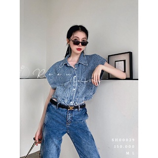 Áo sơ mi cộc tay jeans đậm cột eo