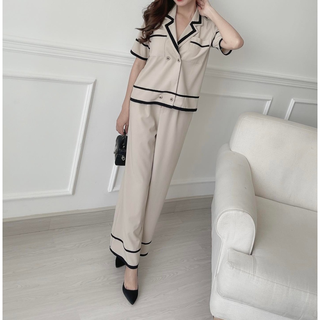 [HÀNG THIẾT KẾ CAO CẤP] Set Vest Tay Ngắn Phối Nút + Quần Suông Tôn Dáng Công Sở Thanh Lịch Màu Nude
