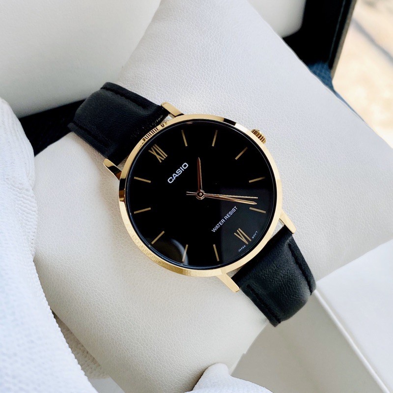 Đồng hồ Nữ Casio LTP-VT01GL-1B, đồng hồ chính hãng, dây da đen mặt đen, viền vàng