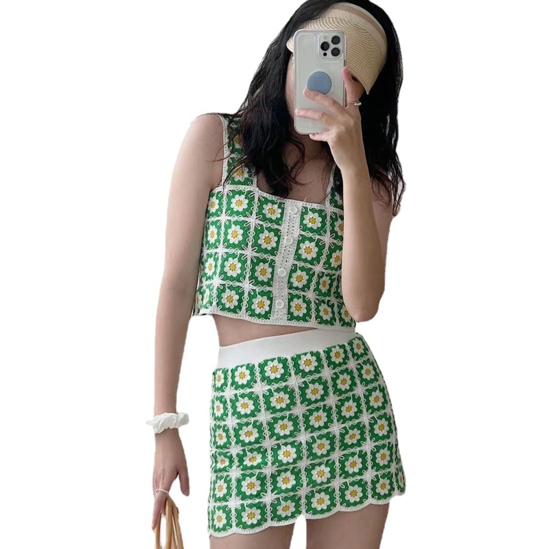 Bộ Áo Tank Top Khoét Lỗ + Chân Váy Phong Cách Boho Thời Trang Mùa Hè Cho Nữ