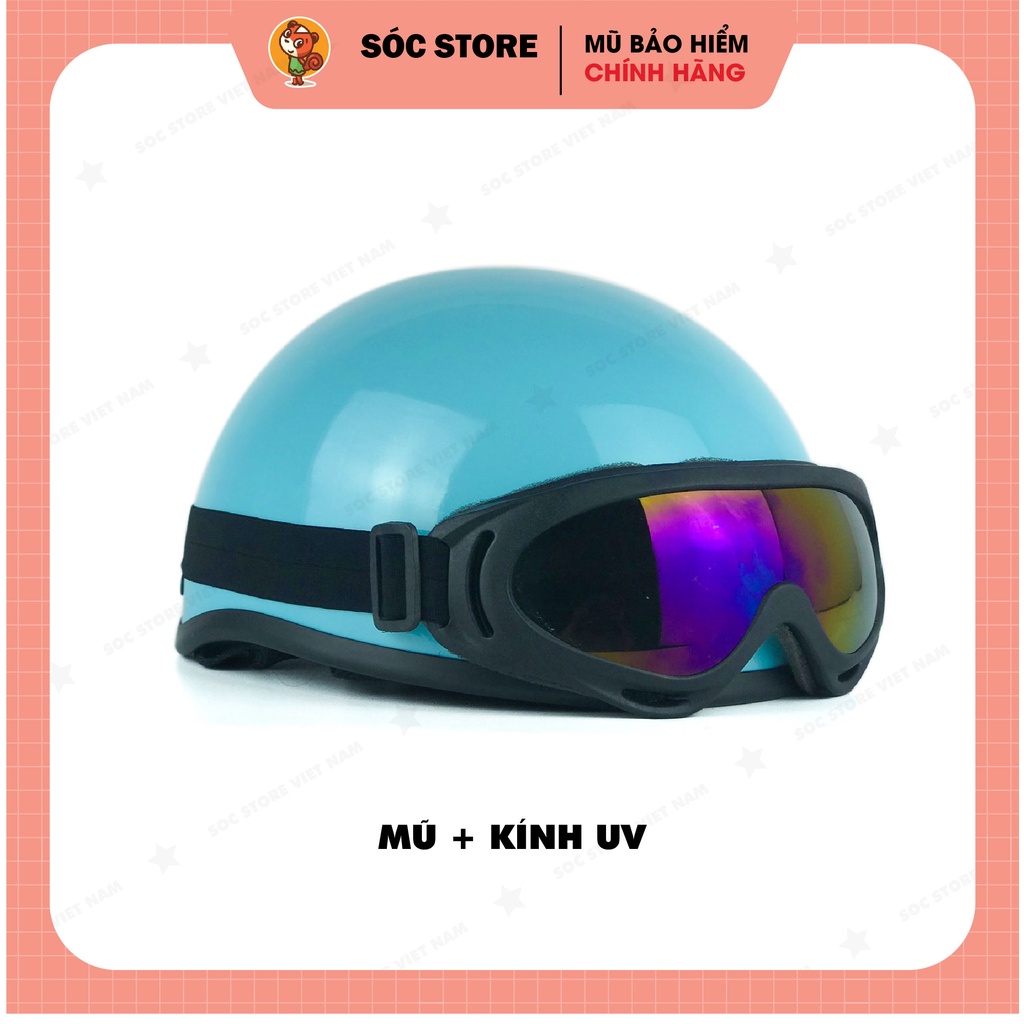 Mũ bảo hiểm nửa đầu chính hãng Sóc Store Vietnam màu xanh thiên thanh kèm kính UV, kính phi công, nón bảo hiểm 1 phần 2