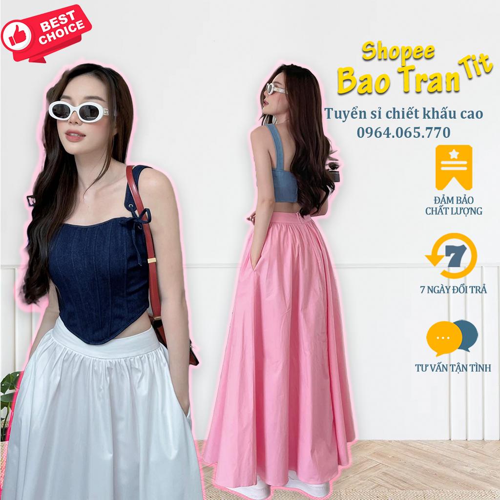Set Áo Jeans Cúp 2 Dây Corset + Chân Váy Maxi 2 Màu - "hàng mới, free ship mỗi ngày"