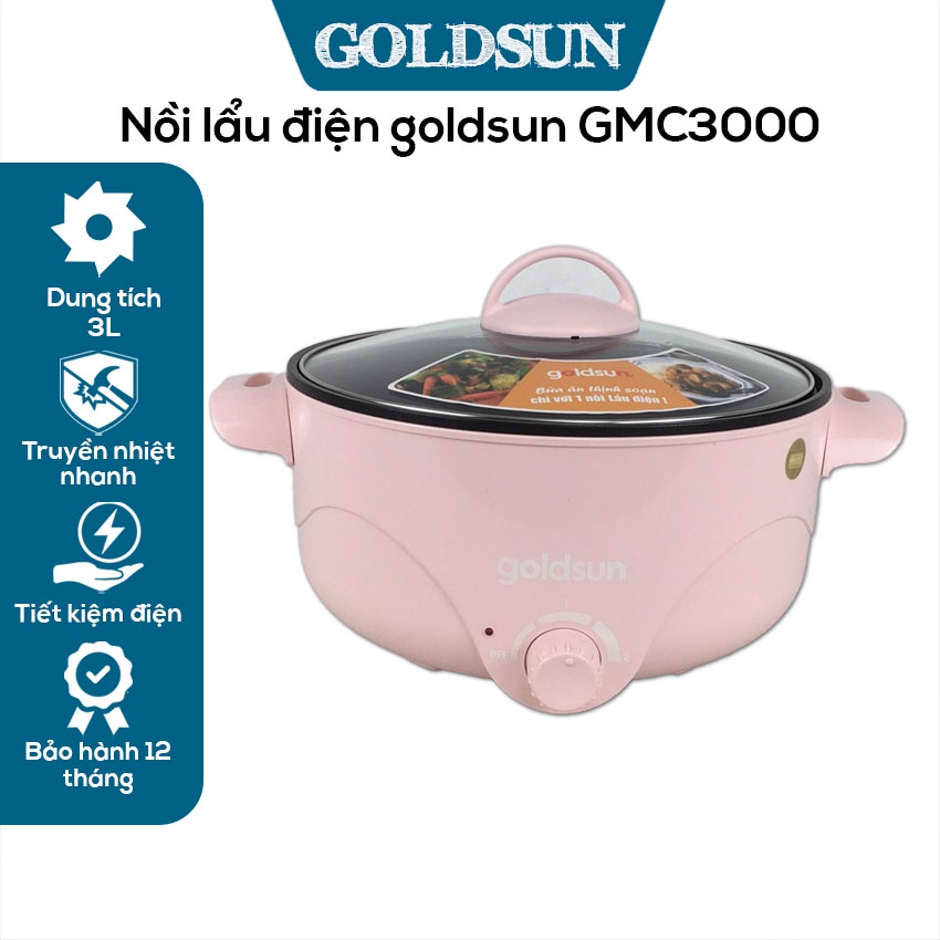 Nồi lẩu điện Goldsun GMC3000 dung tích 3L, công suất 900W, Nồi nấu mini đa năng kiểu dáng đẹp