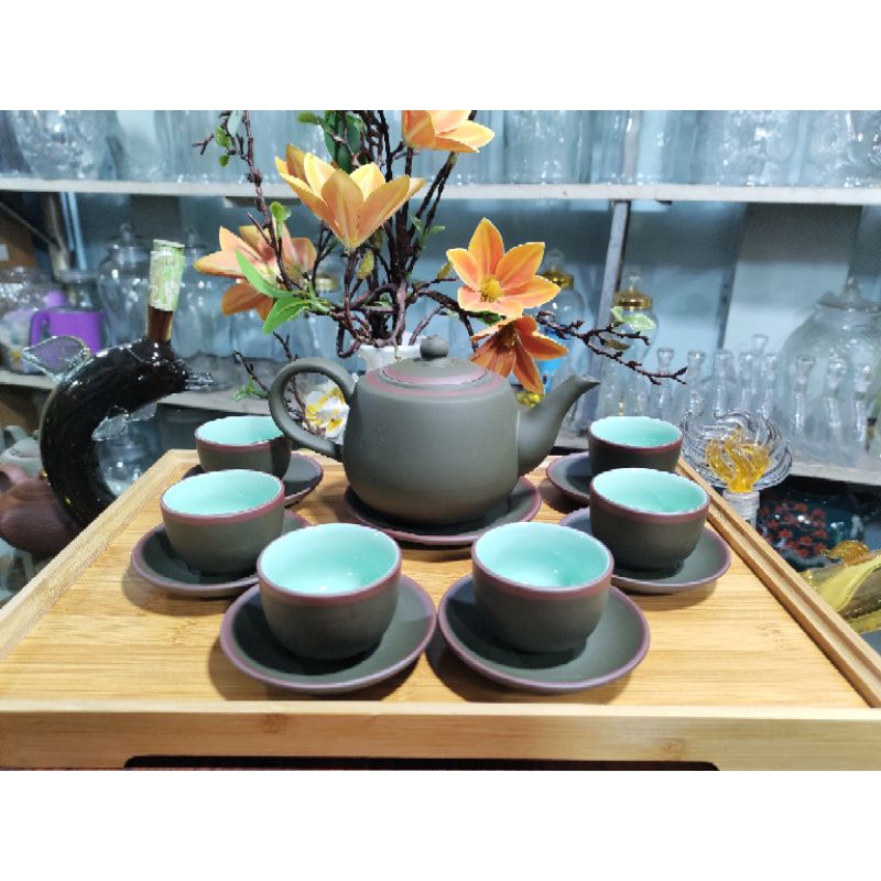 Bộ ấm trà Bát Tràng - ấm búp sen xanh