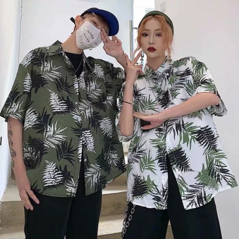 Áo sơ mi tay lở có cổ nam nữ họa tiết cây lá màu xanh trắng unisex street style Hàn harajuku mặc đi biển nhiệt đới