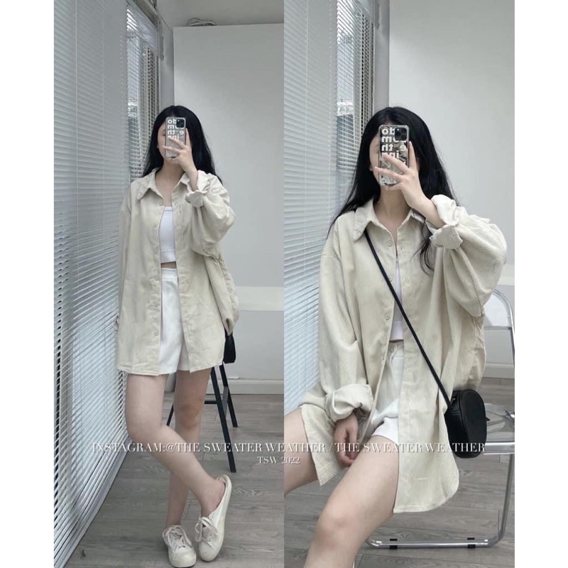 Sơmi nhung tăm dáng rộng oversize ulzzang qc