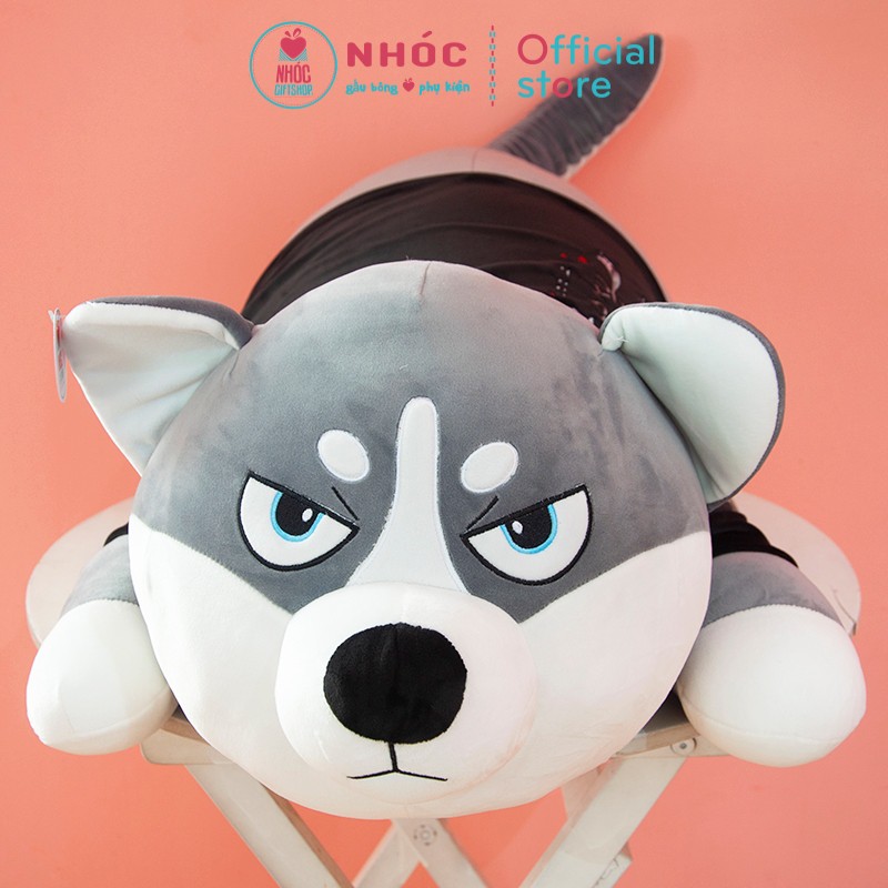 Thú Bông Cao Cấp Chó Husky Mặc Áo Thêu Lông Mịn Nằm TC Size Lớn - NHÓC (Xám)