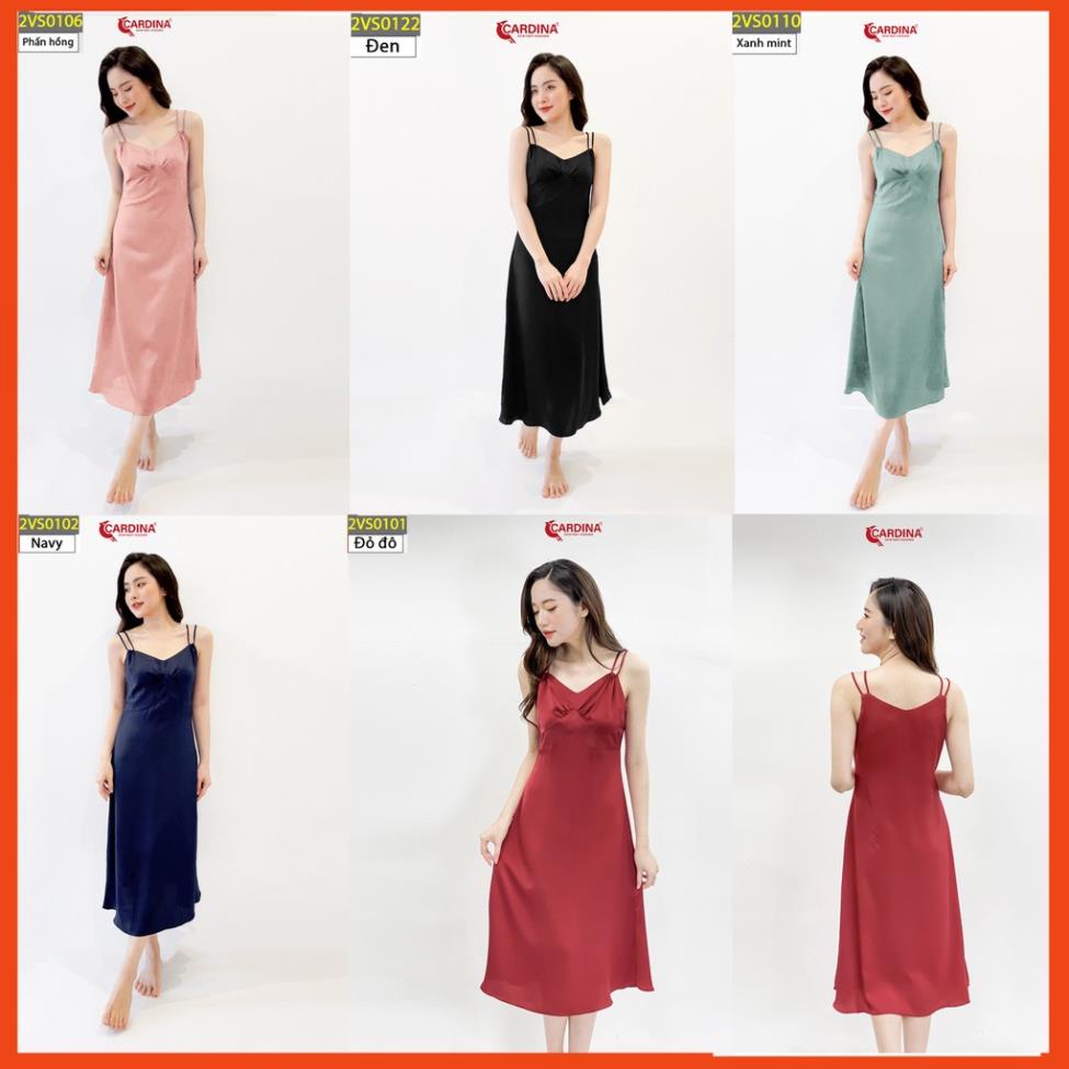 Đầm ngủ CARDINA cao cấp chất lụa Satin hai dây dáng suông nhún ngực điệu đà màu sắc tươi trẻ quyến rũ JHB