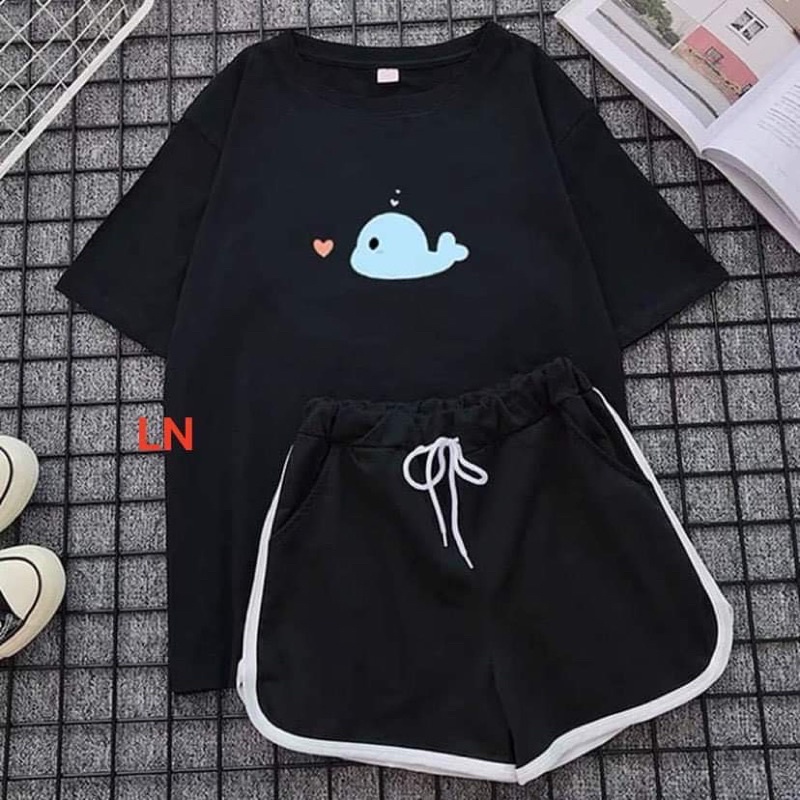 Sét áo phông cá tim +quần đùi viền đen HARI