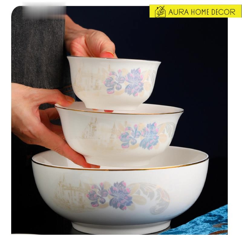 Bộ bát đĩa cao cấp, 24 món chén dĩa sứ họa tiết hoa Diên Vĩ - Ảnh thật shop chụp