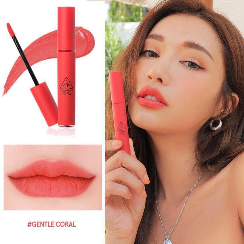 Son 3CE New Velvet Lip Tint màu Gentle Coral: hồng san hô pha chút cam