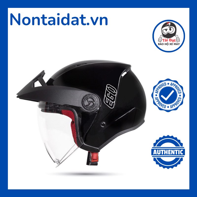 Nón bảo hiểm 3/4 EGO E2 màu đen bóng có kính và lưỡi trai