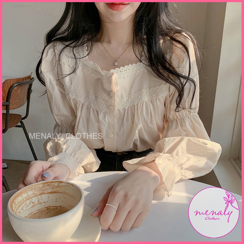 Áo vintage nữ cổ vuông tay bồng bo chun dáng babydoll AH022, mẫu áo sơ mi kiểu dáng rộng phối ren kiểu dáng tiểu thư