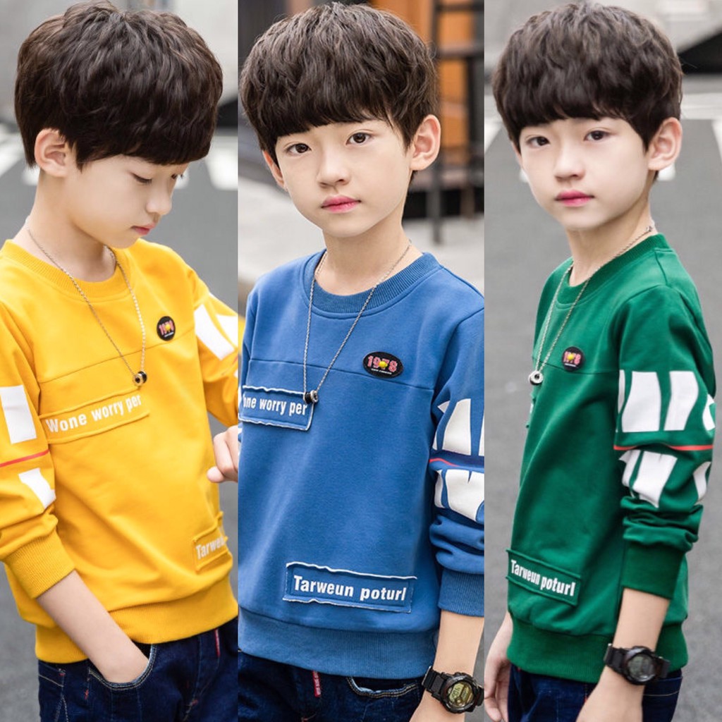 Áo sweater nỉ da cá &quot;WORRY&quot; 14-45kg cho bé trai 4-14 tuổi. Vải dày dặn, co giãn tốt. B43