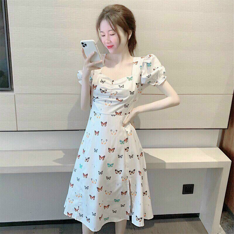 Đầm nữ in hoa xẻ tà tay phồng nhún ngực phong cách trẻ trung ( có mút ngực ) | BigBuy360 - bigbuy360.vn