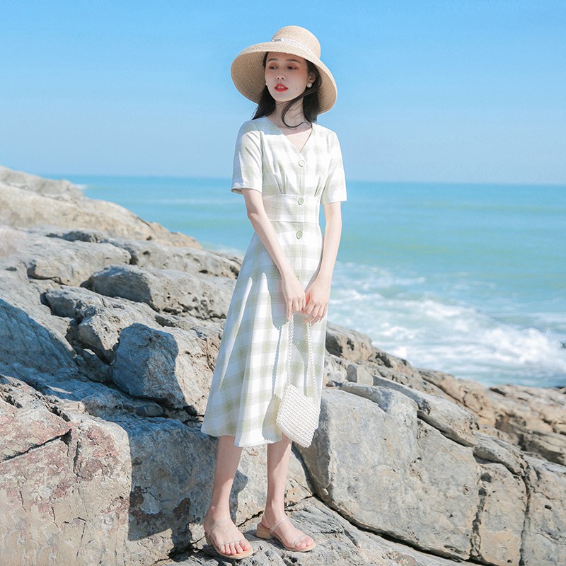 ✢Mùa hè 2021 váy mới của phụ nữ Pháp kỳ nghỉ dài bên bờ biển gió nhẹ tình yêu đầu tiên kẻ sọc