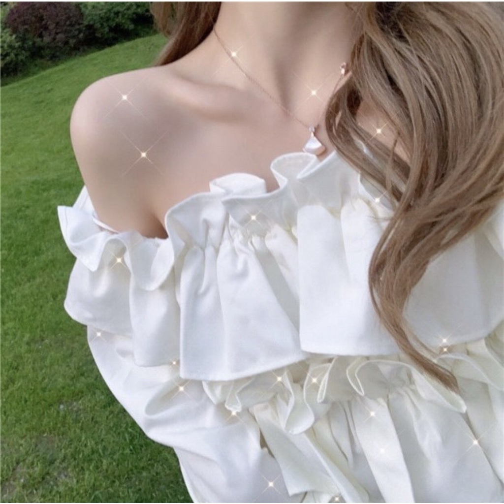 [Ảnh thật/Sẵn] Áo croptop trễ vai viền bèo dài tay ulzzang