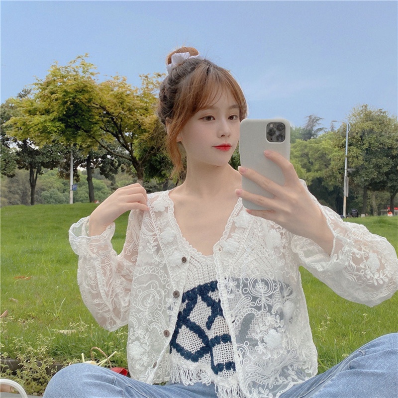 Áo Khoác Cardigan Tay Dài Chống Nắng Dáng Rộng Thêu Ren Hoa Xinh Xắn Cho Nữ