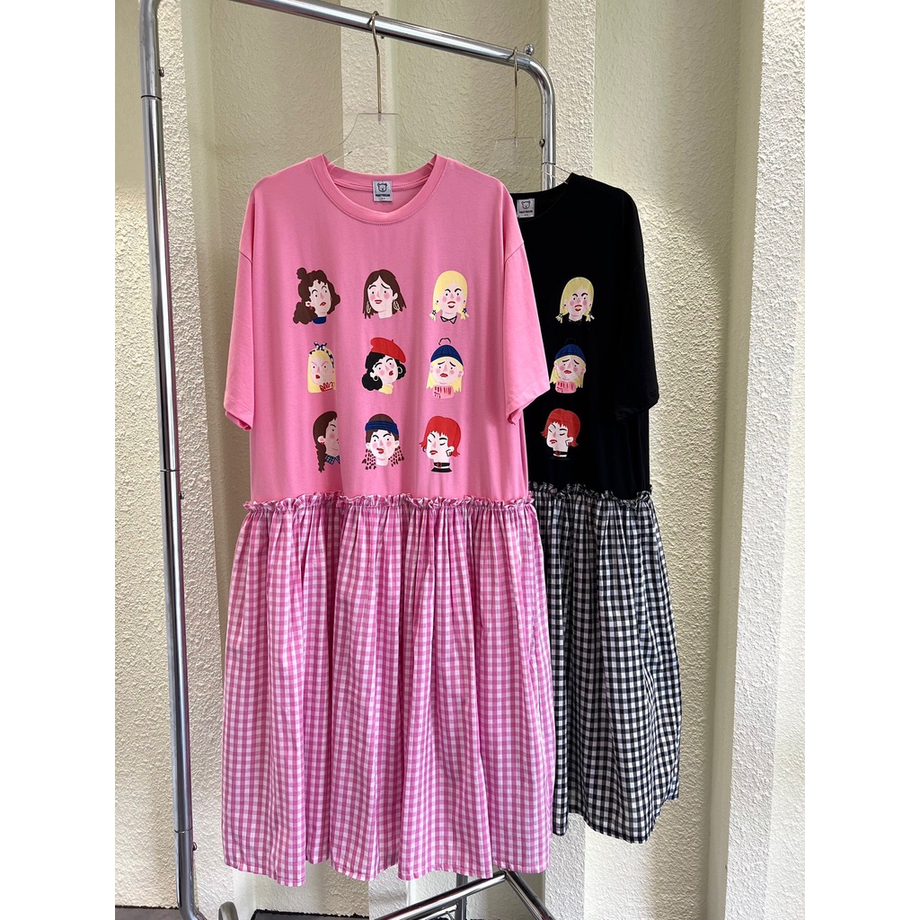 Đầm Suông Đuôi Cá Phối Caro, Họa Tiết Dễ Thương - HN215