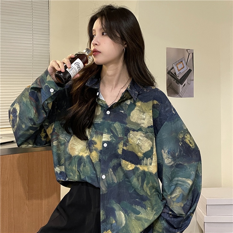 Áo Kiểu Tay Dài Dáng Rộng In Họa Tiết Phong Cách Cổ Điển Thời Trang Mùa Thu Xinh Xắn Cho Nữ