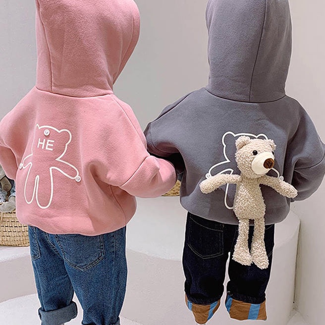 Áo nỉ hoodie lót lông kèm gấu bông cho bé gái (12-38kg)