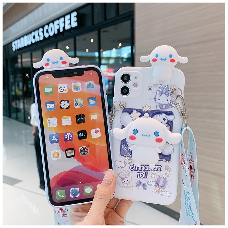 Compatible For iPhone 15 14 Pro Max 13 12 mini 6S 6 7 8 Plus 11 Pro X XR XS Max se 2020 Ốp Điện Thoại Silicone Hình Cinnamoroll Với Gương Trang Điểm Và Dây Đeo Cho