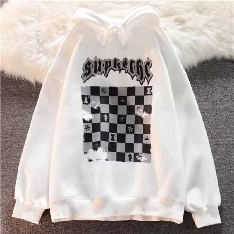 Áo hoodie dáng rộng họa tiết kẻ ô vuông màu trắng đen xu hướng thời trang