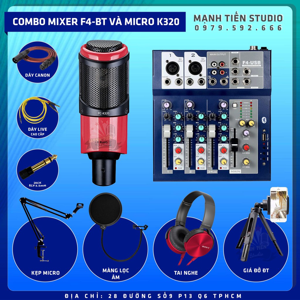 Trọn bộ combo mixer F4 bluetooth + Micro K320 tặng full phụ kiện karaoke livestream thu âm cực hay bảo hành vàng 12 thág