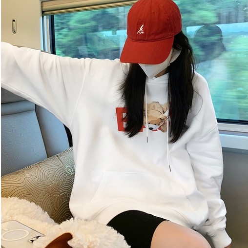 ZHELIHANGFEI Áo Hoodie Tay Dài Form Rộng Họa Tiết Gấu Theo Phong Cách Preppy Dễ Phối Đồ