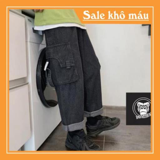 Quần jean túi hộp unisex nam nữ ống rộng màu đen cao cấp 2021 Pon.mens -b11