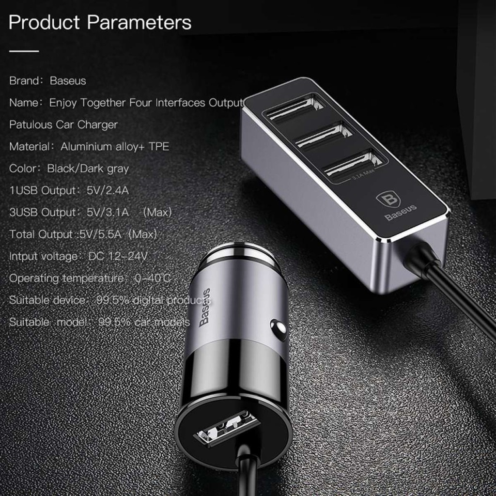 Bộ Sạc Thông Minh Trên Xe Hơi, Ô Tô 1 Cổng Usb Và 3 Cổng USB Kéo Dài Công Xuất 5,5A Thương Hiệu Baseus