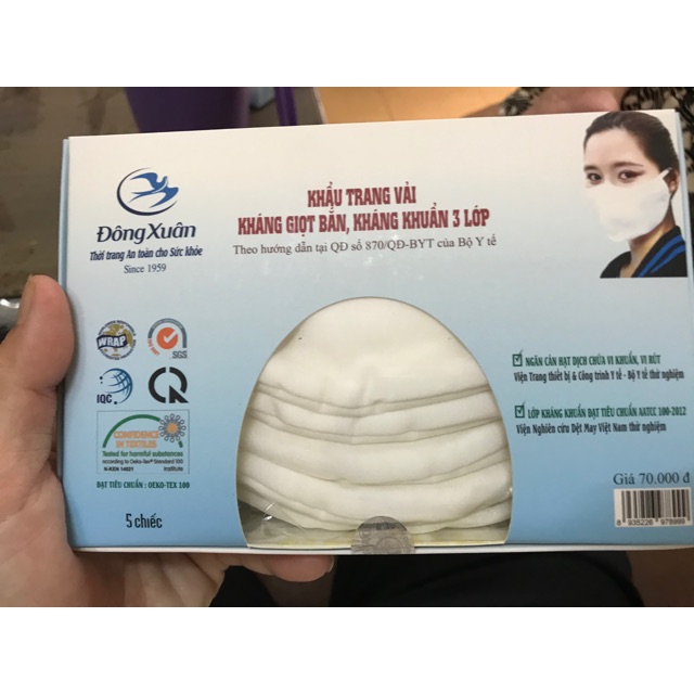 Khẩu trang kháng khuẩn 3 lớp vải kháng giọt bắn hộp 5c