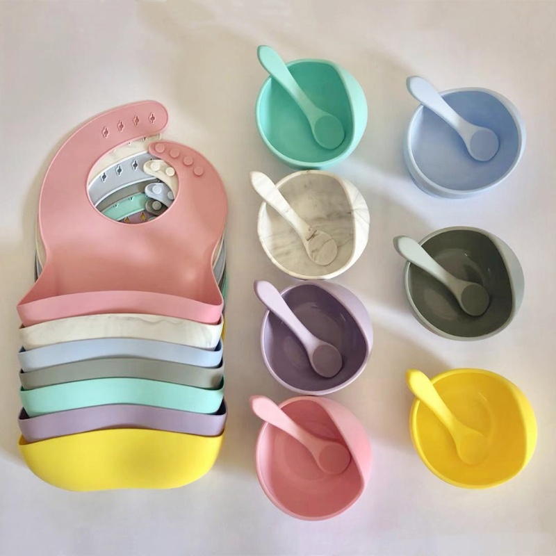 Set 3 Món Gồm Yếm Ăn + Đĩa + Muỗng Bằng Silicone Cấp Thực Phẩm Chống Nước Cho Bé Sơ Sinh
