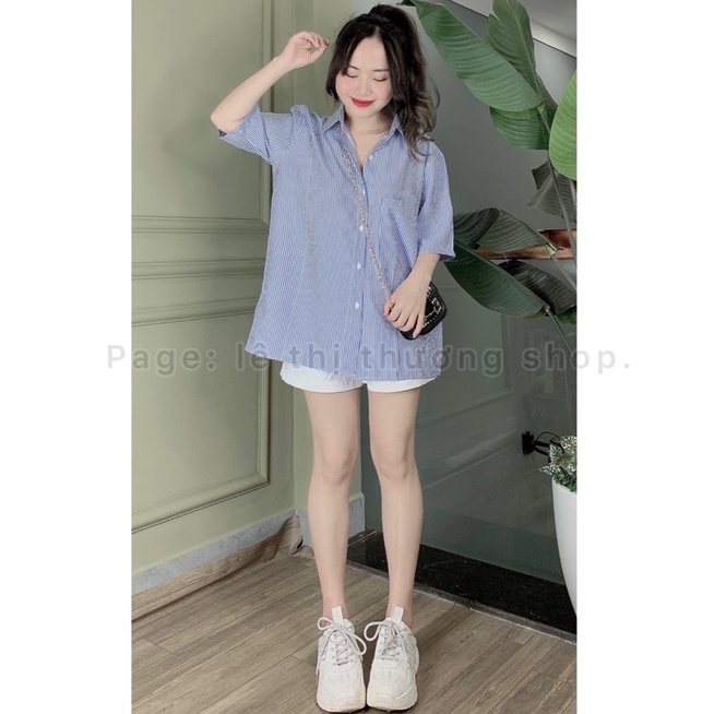 Set quần short trắng mix Sơ mi kẻ sọc tay lỡ 1 túi
