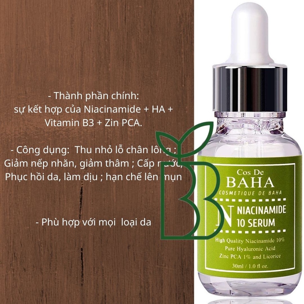 Serum dưỡng sáng, se khít lỗ chân lông Cos De Baha Niacinamide 10 serum