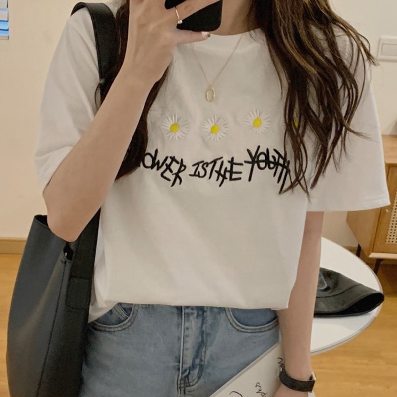 [Baywellfashion]Women Summer Crew Neck College Wind Short Sleeve Floral Daisy Print Loose T-Shirt | BigBuy360 - bigbuy360.vn