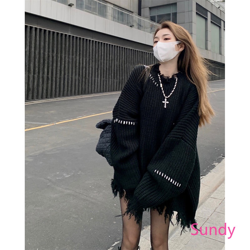 Áo Sweater Dệt Kim Tay Dài Thiết Kế Rách Thời Trang Mùa Thu Phong Cách Hàn Quốc Cho Nữ Có Size Lớn