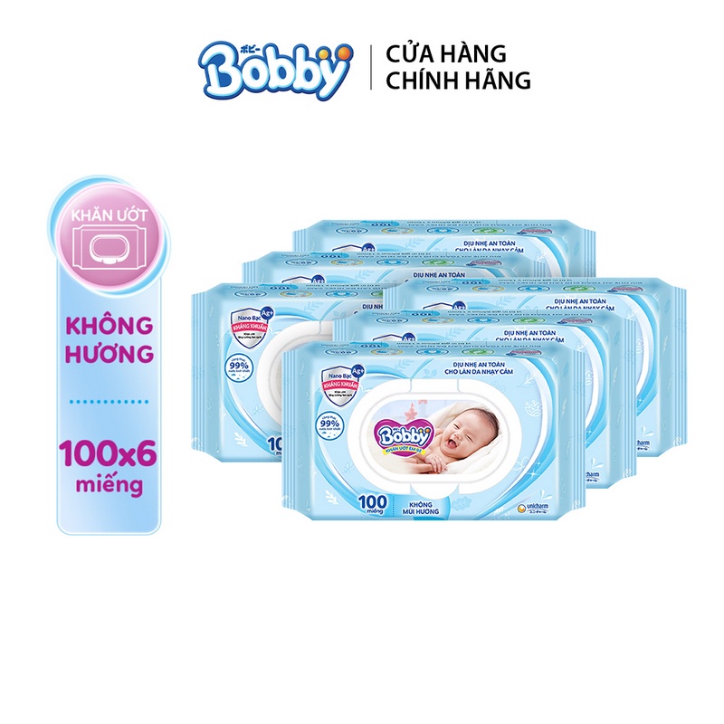 Combo 6 gói Khăn ướt Bobby care không mùi hương 100 tờ