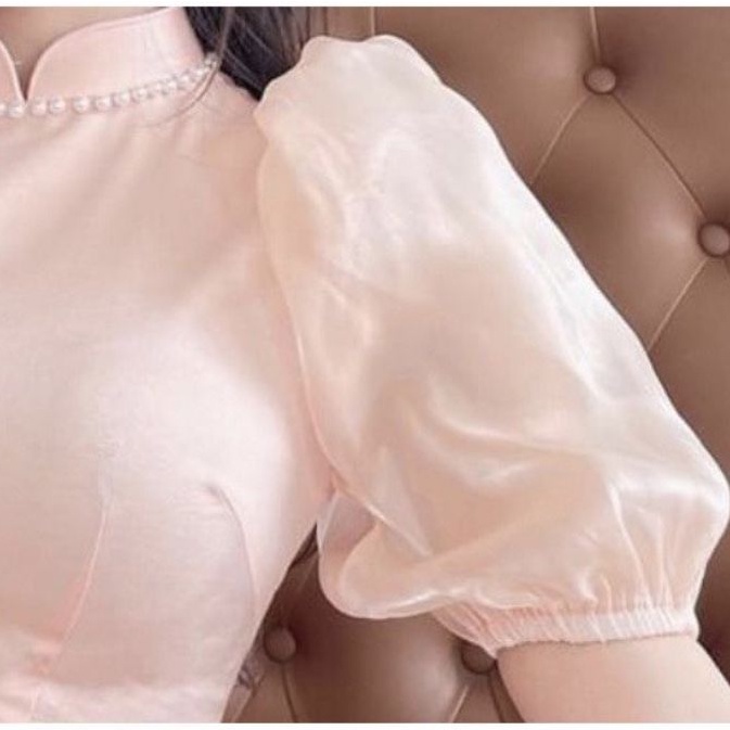 Áo Dài , Áo Dài Cách Tân tay bồng bo chun đính hoa ngực hot 2022 ★QA