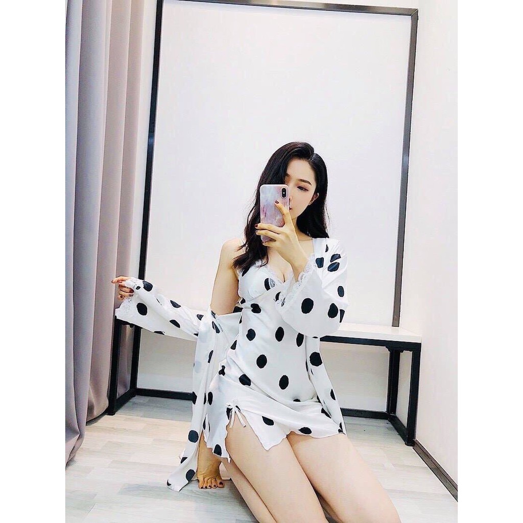 Set váy ngủ choàng chấm bi hàng cao cấp
