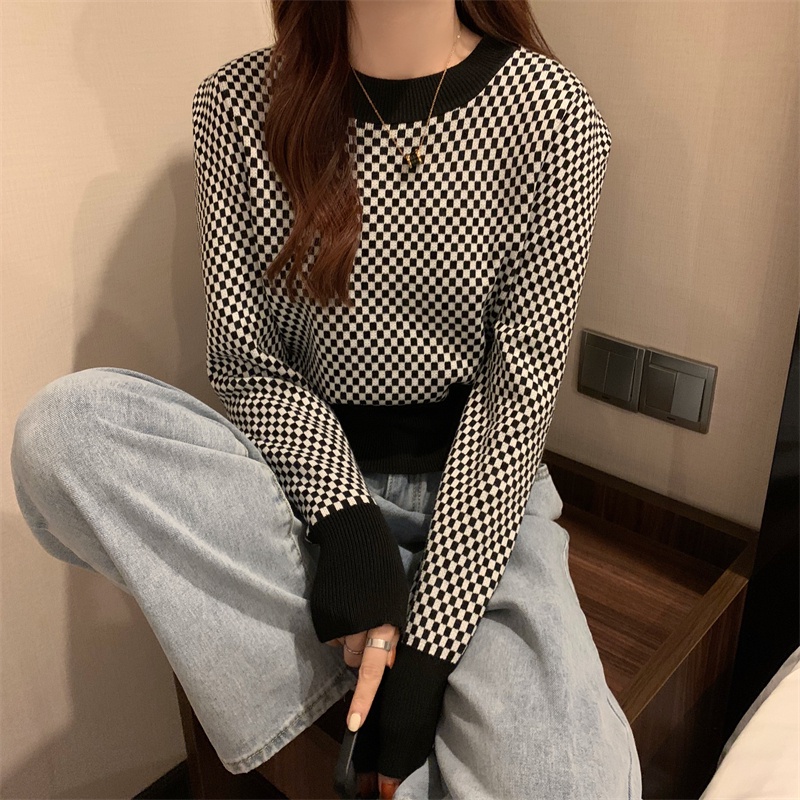 Áo sweater ZHELIHANGFEI dài tay dáng ôm kẻ sọc caro thời trang cho nữ