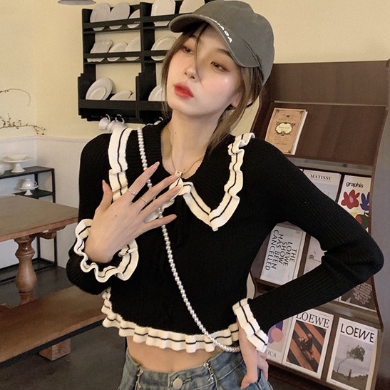 Áo dệt kim ZHELIHANGFEI tay dài cổ búp bê hở eo quyến rũ trẻ trung cho nữ