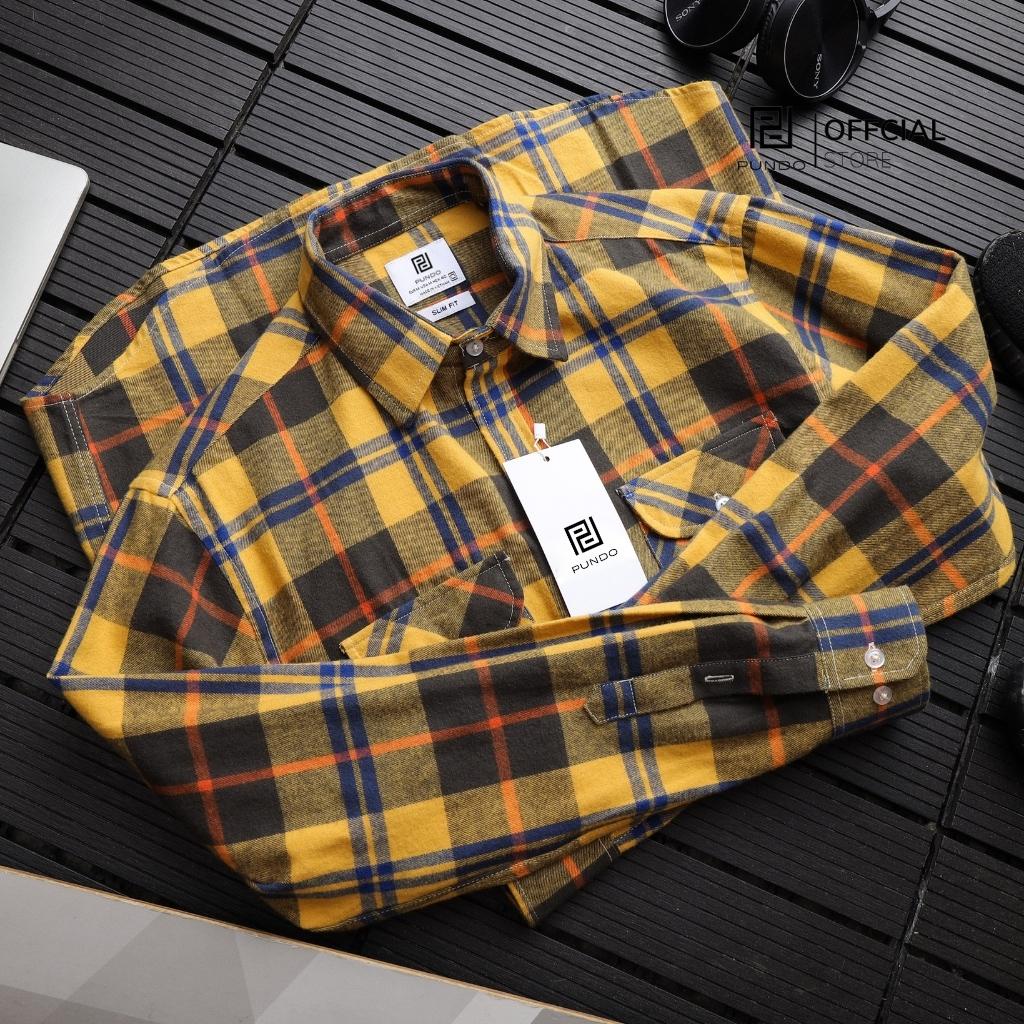 Áo sơ mi nam flannel PUNDO họa tiết kẻ sọc chất cotton dạ cao cấp ASMPD16