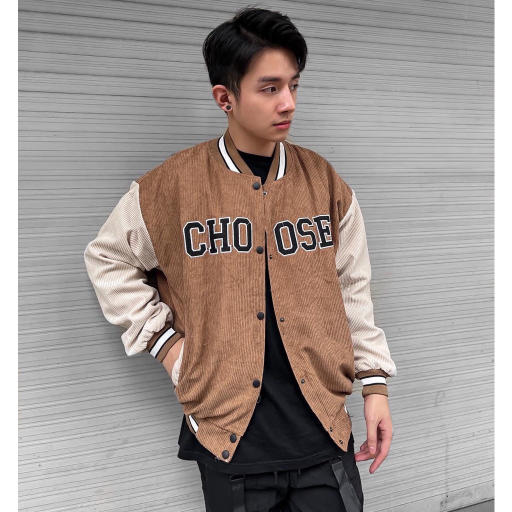 Áo Khoác Bomber Nhung Tăm Gân 2 Lớp Thêu Chữ CHOOSE ❤ Áo BomBer Bóng Chày Nam Nữ Phong Cách Hàn Quốc