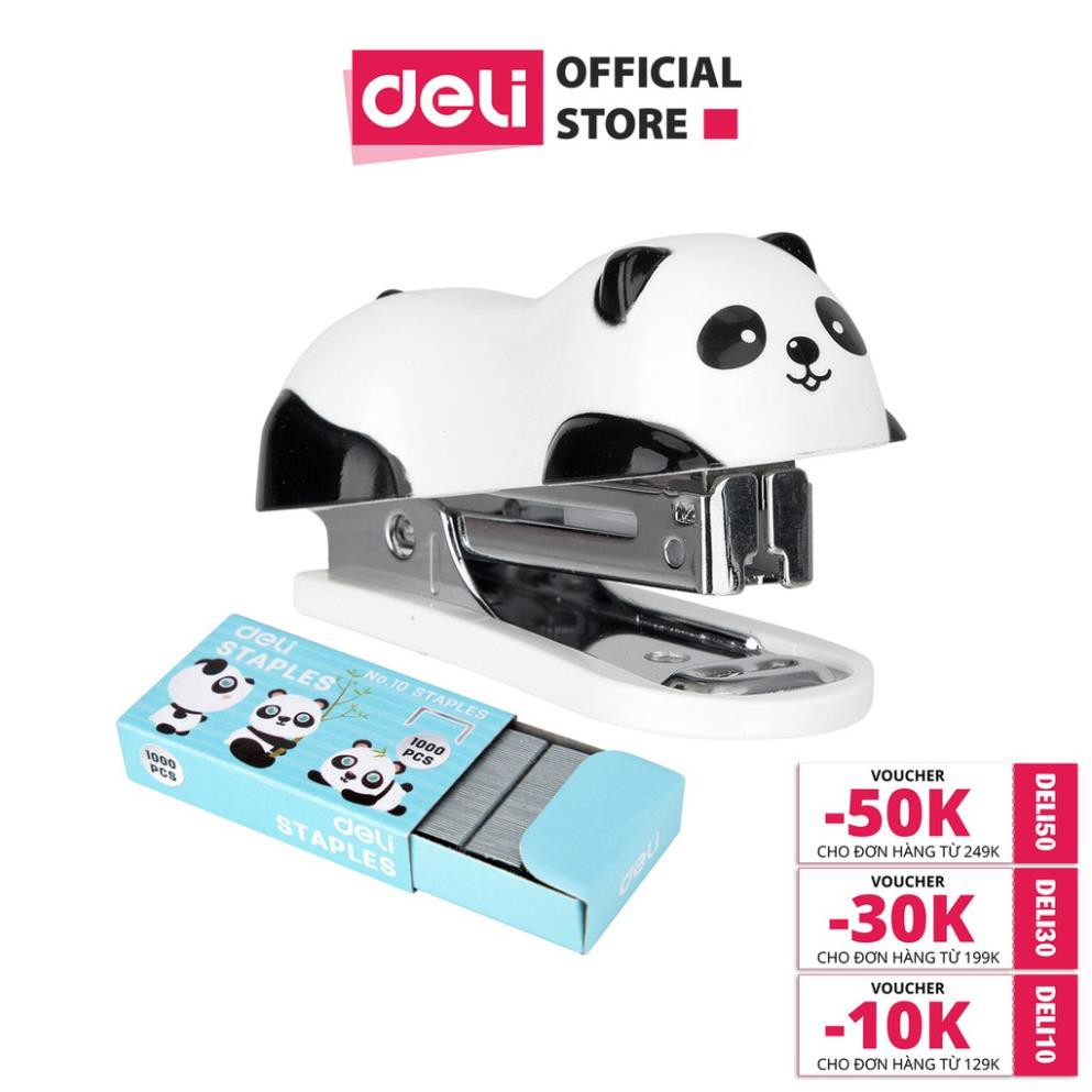 Dập ghim mini hình Panda, 12 trang kèm 1000 chiếc ghim - Deli E0453